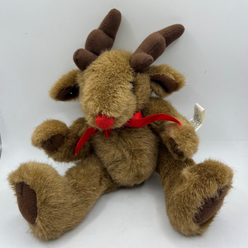 Brown‎ Reindeer Plush Toy Red Nose Red Ribbon Christmas Holiday Stuffed Animal